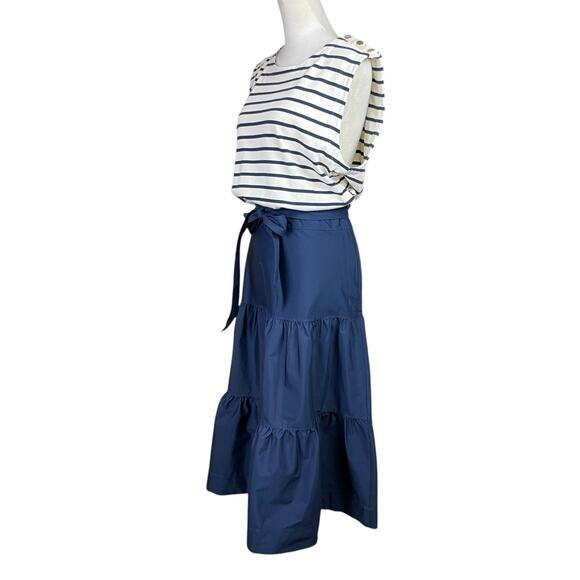 Veronica Beard NWT Pazila Mixed Media Navy Cream Stripe Tiered Midi Dress - Picture 5 of 16